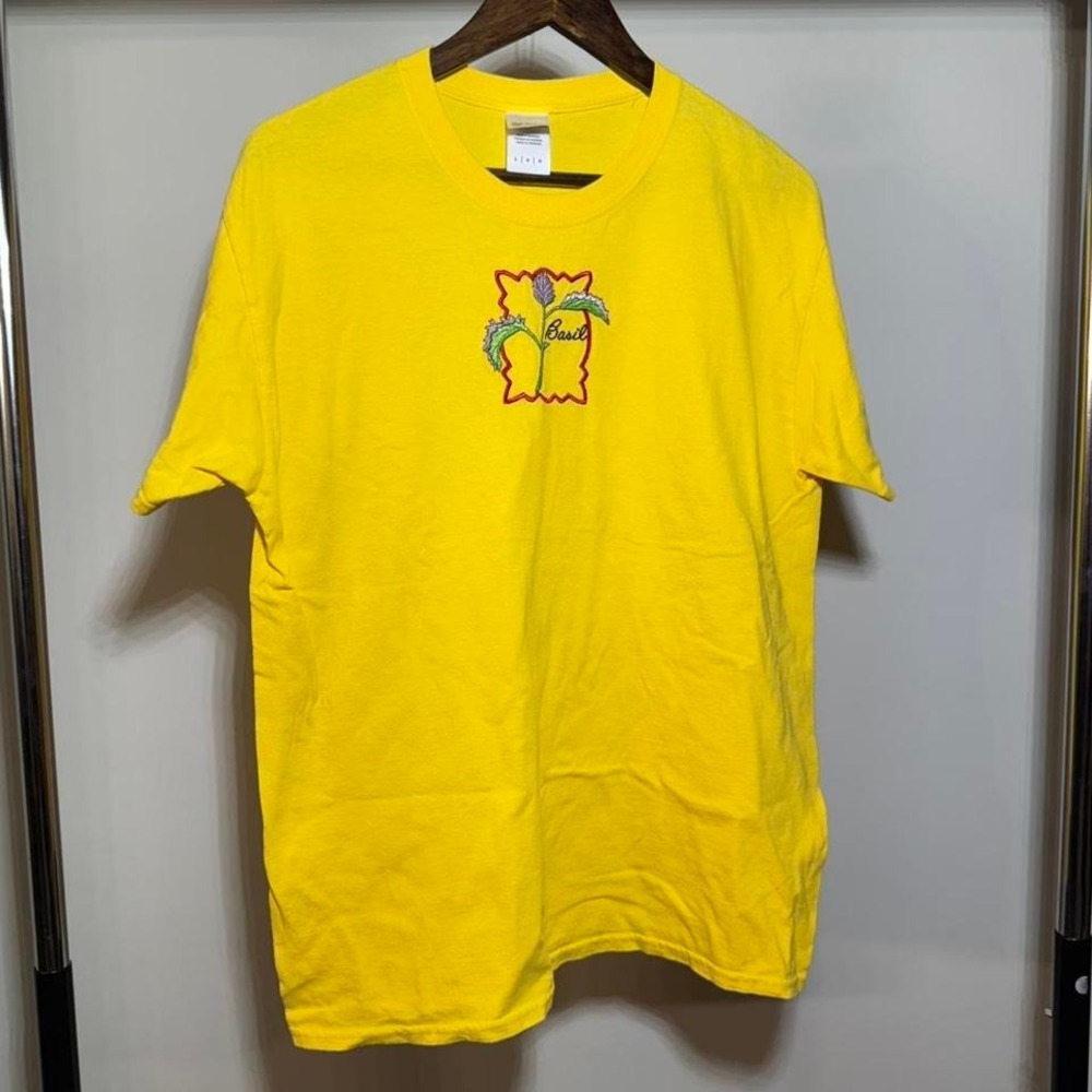 Yellow Embroidered Basil Tee With Red and Green Accents Size Large GraphicTee - Picture 2 of 7